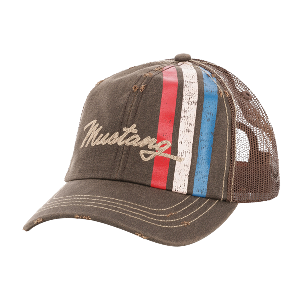 Brown cap with 'Mustang' logo and colorful stripes on a white background