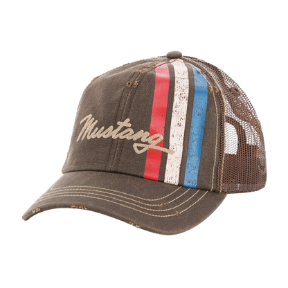 Brown cap with 'Mustang' logo and colorful stripes on a white background