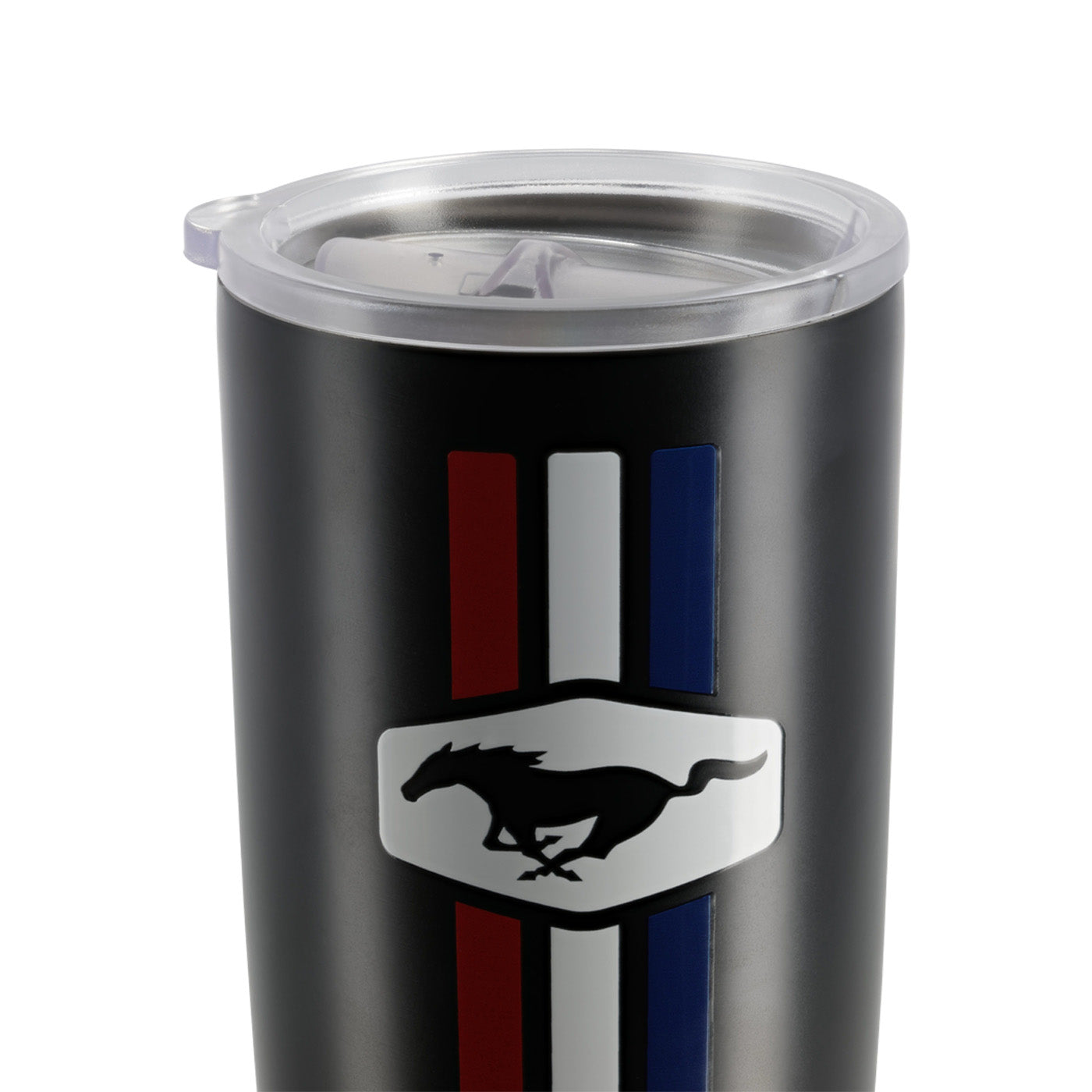 Black tumbler with Mustang logo and stripes on a white background