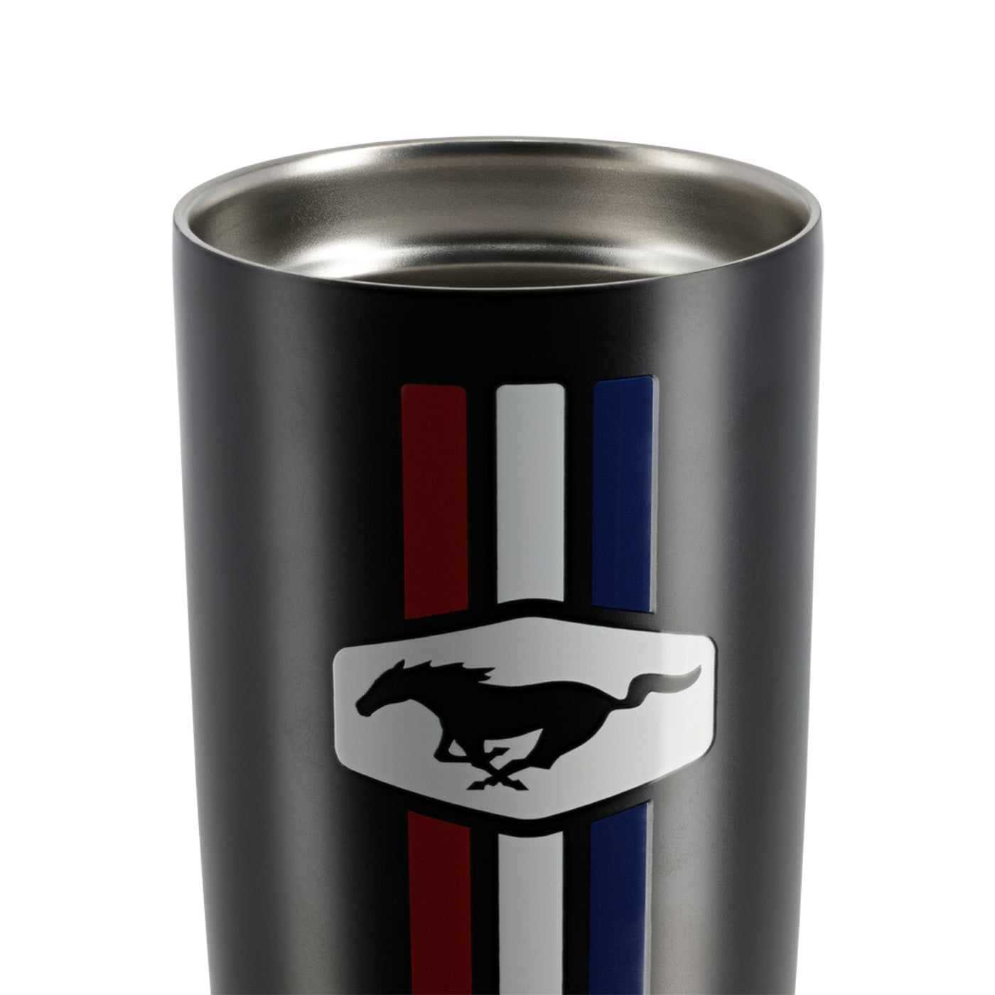 Black tumbler with Ford Mustang logo and stripes on a white background