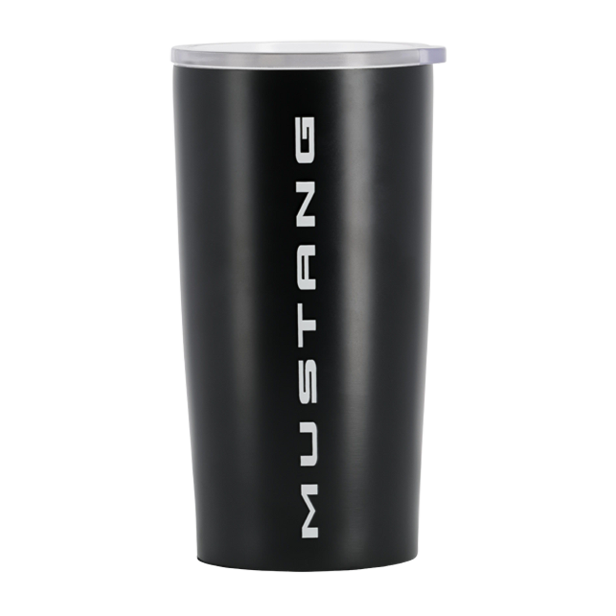 Black tumbler with 'Mustang' branding on a white background