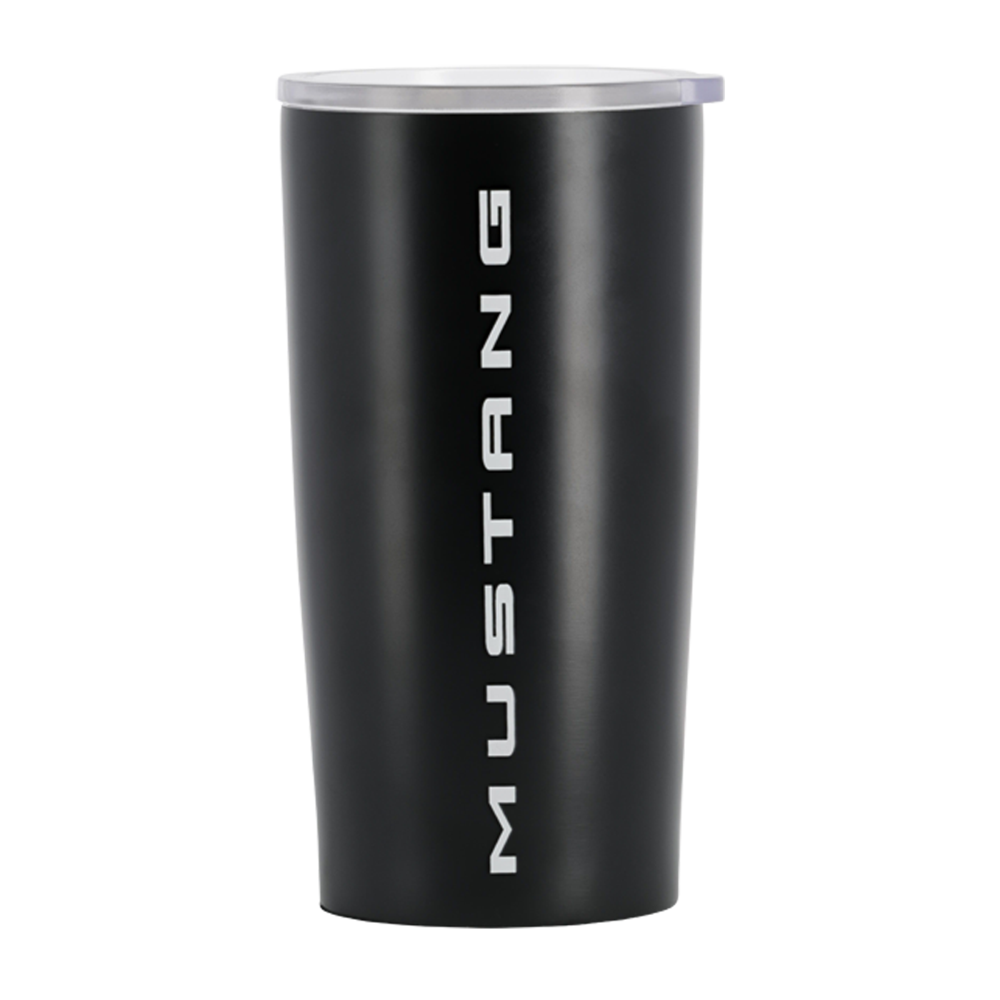 Black tumbler with 'Mustang' branding on a white background