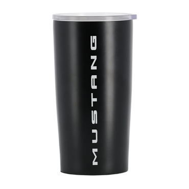 Black tumbler with 'Mustang' branding on a white background