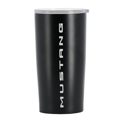 Black tumbler with 'Mustang' branding on a white background