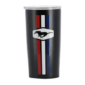 Black tumbler with Ford Mustang logo and stripes on a white background