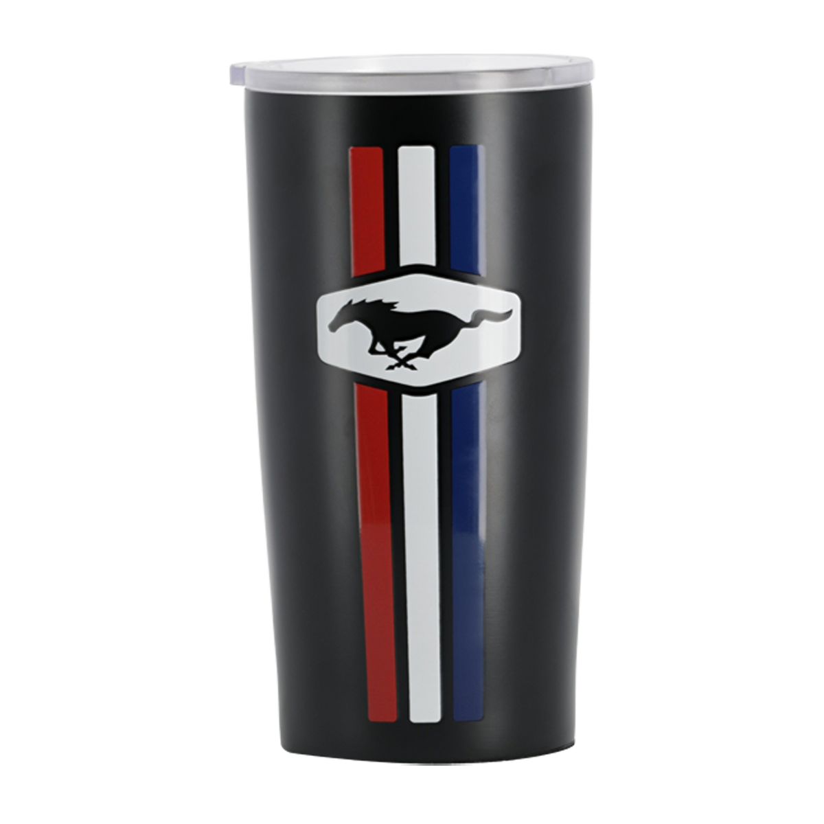 Black tumbler with Ford Mustang logo and stripes on a white background