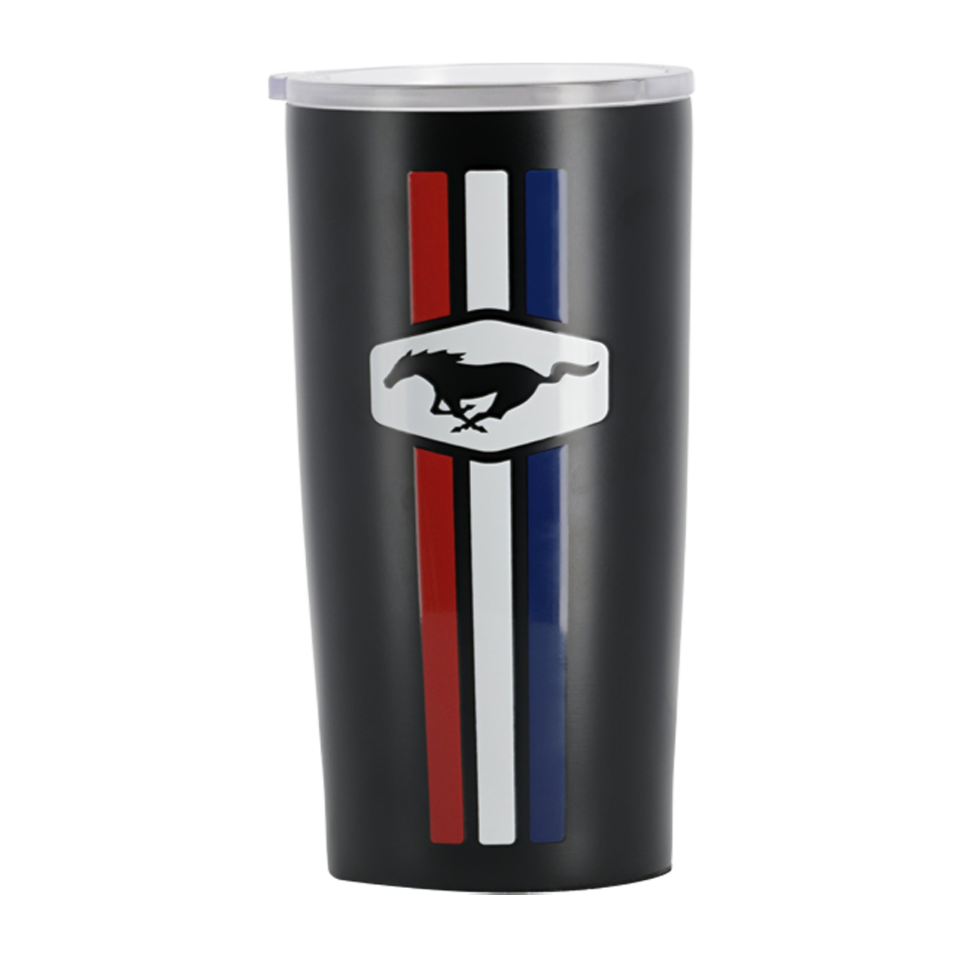 Black tumbler with Ford Mustang logo and stripes on a white background