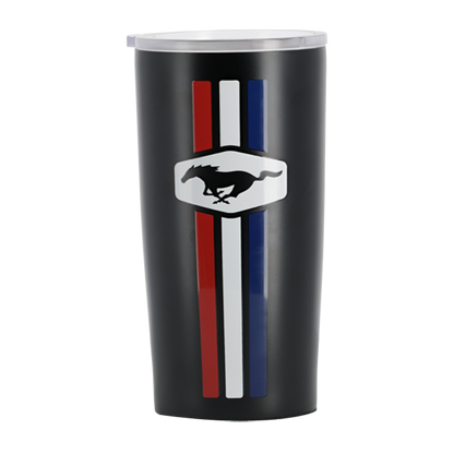 Black tumbler with Ford Mustang logo and stripes on a white background