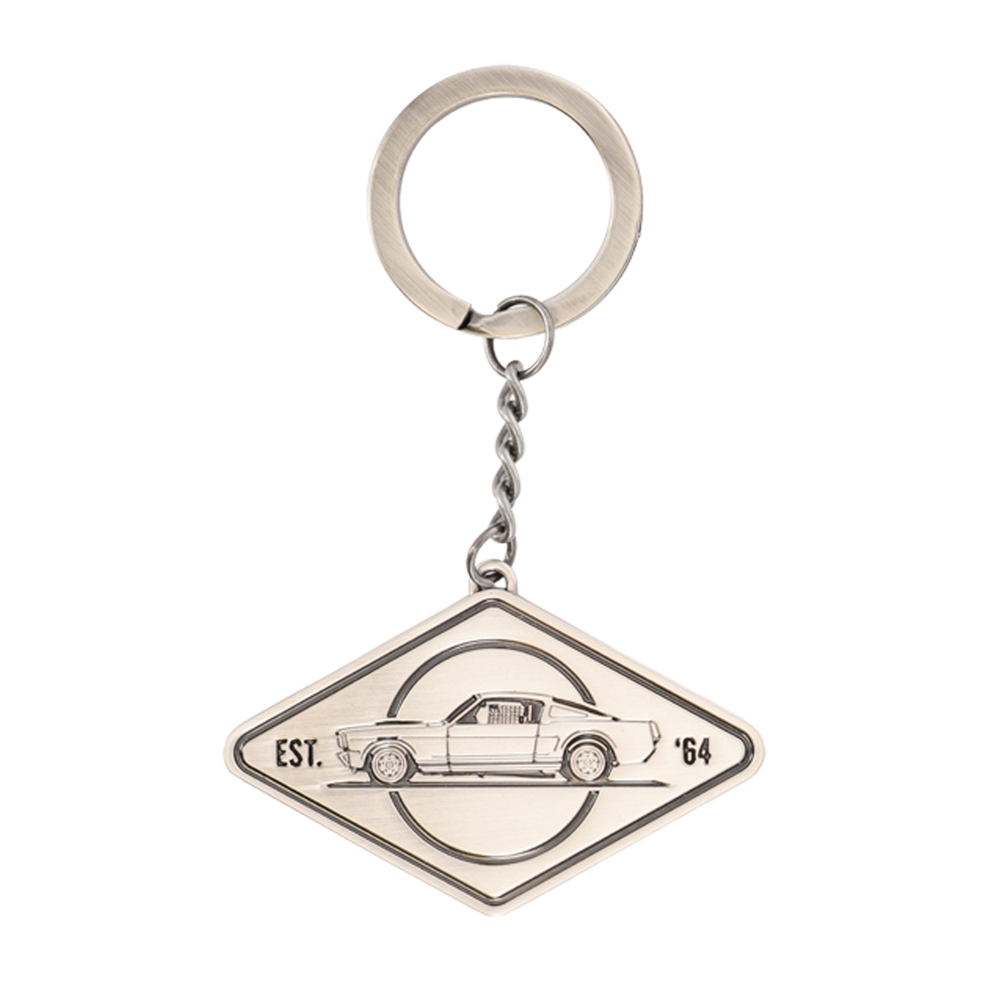 Keychain with car design and 'EST. '64' text on a white background