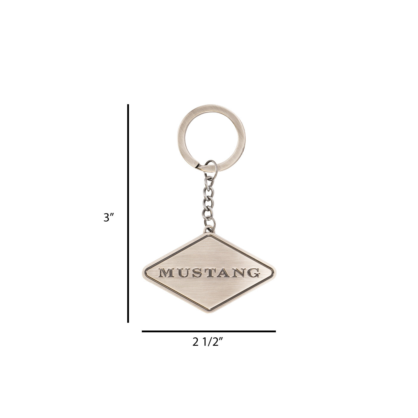 Keychain with 'Mustang' logo and measurements on a white background