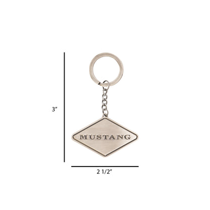 Keychain with 'Mustang' logo and measurements on a white background