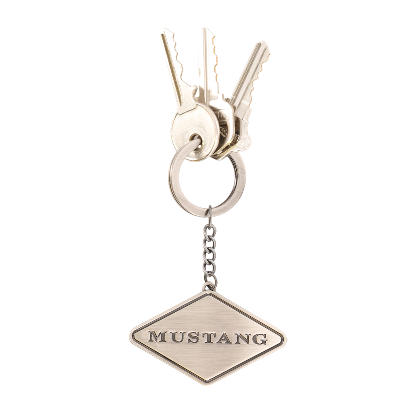 Keychain with keys and a 'Mustang' tag on a white background