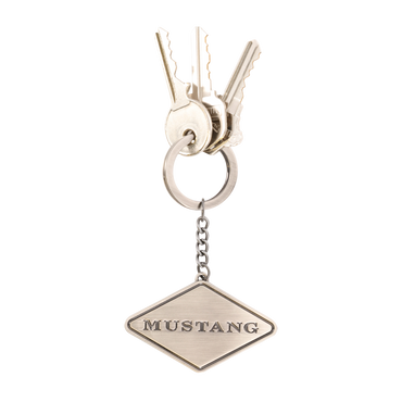 Keychain with keys and a 'Mustang' tag on a white background