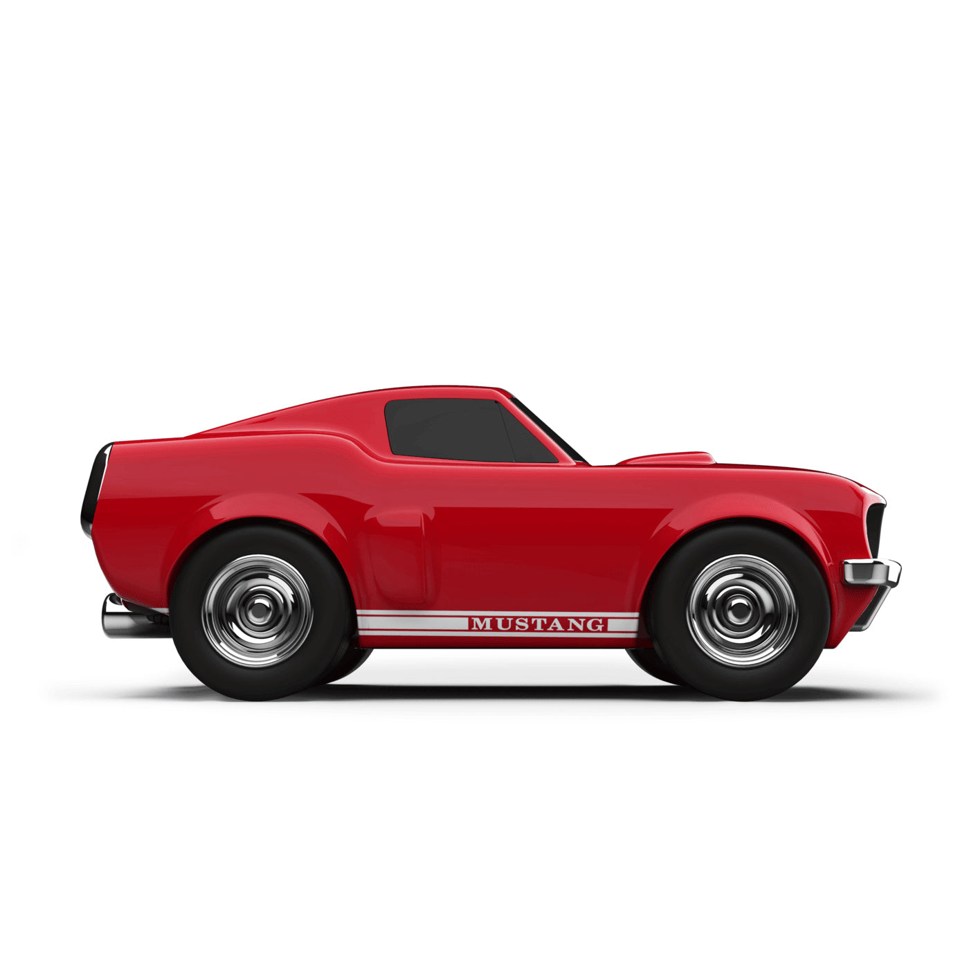 side of White and red mustang muscle car Bagheera toy model on a white background