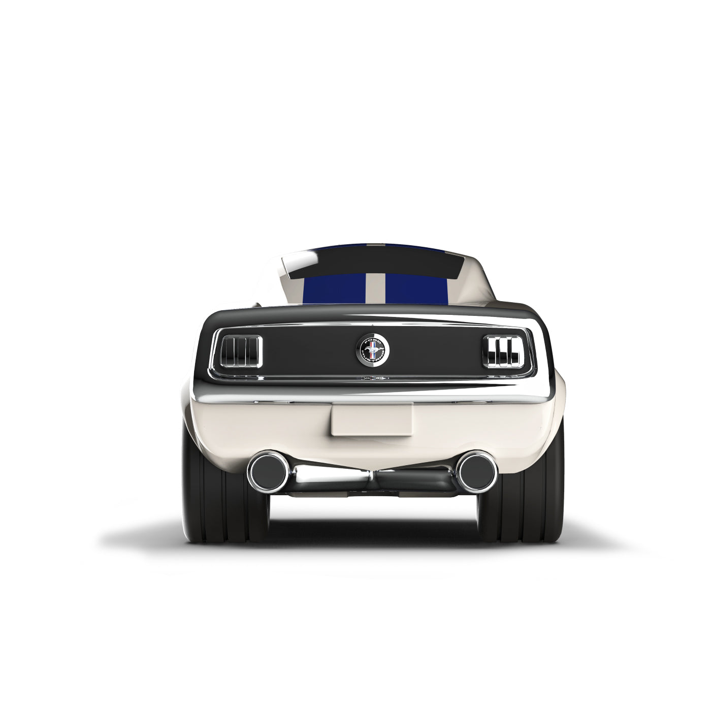 front of White and blue mustang muscle car Bagheera toy model on a white background