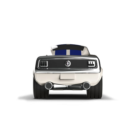 front of White and blue mustang muscle car Bagheera toy model on a white background