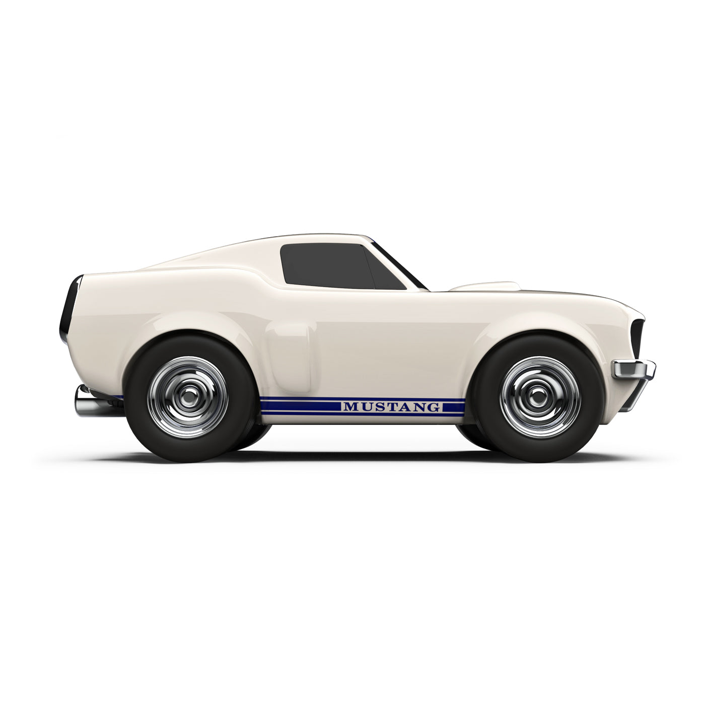 side of White and blue mustang muscle car Bagheera toy model on a white background