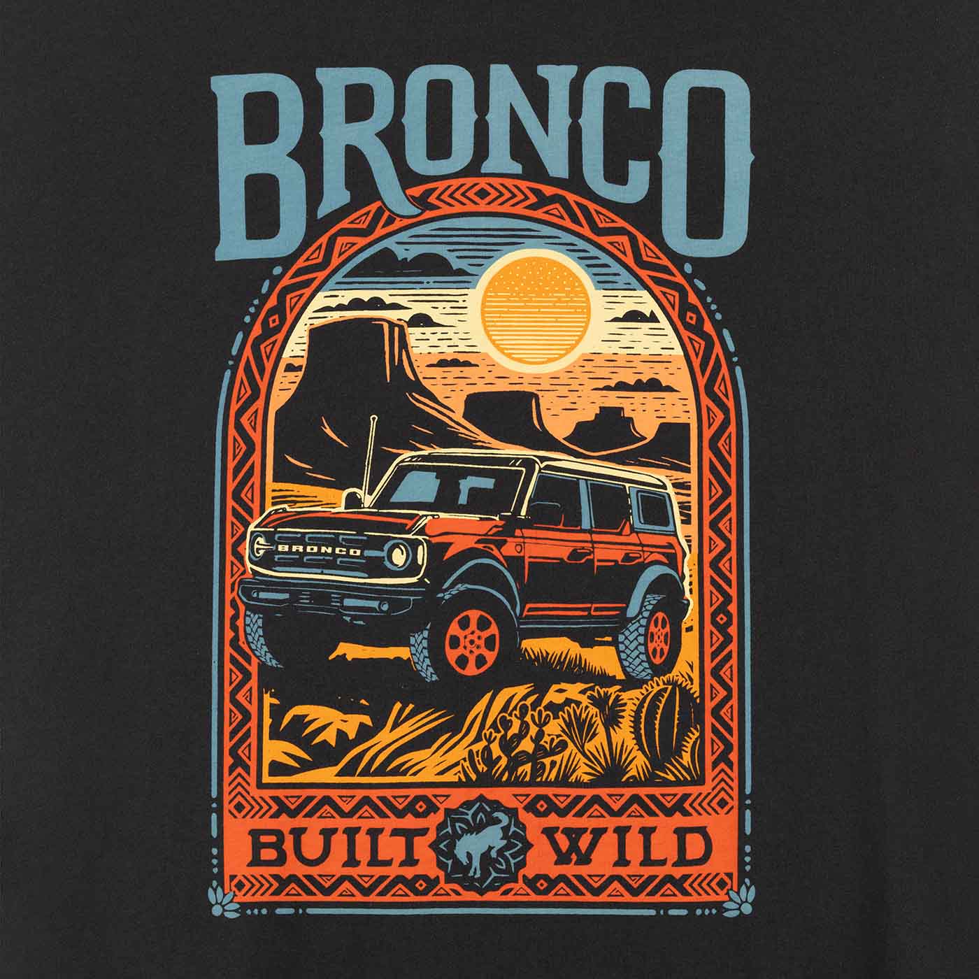 close up of built wild multicolor graphic scene in desert with bronco truck and red tribal outline with blue bronco script on black background