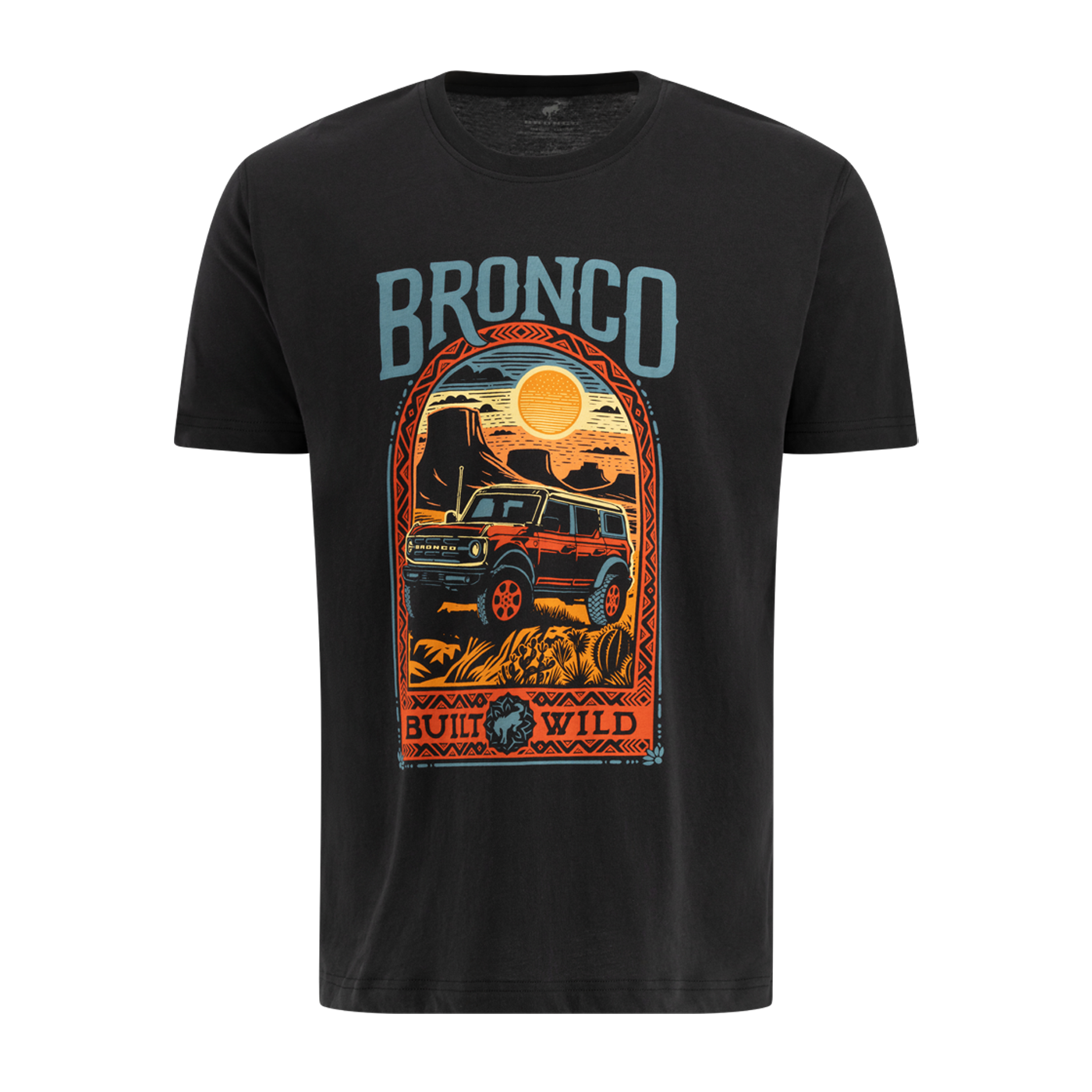 built wild multicolor graphic scene in desert with bronco truck and red tribal outline with blue bronco script on black short sleeve t shirt