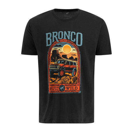built wild multicolor graphic scene in desert with bronco truck and red tribal outline with blue bronco script on black short sleeve t shirt