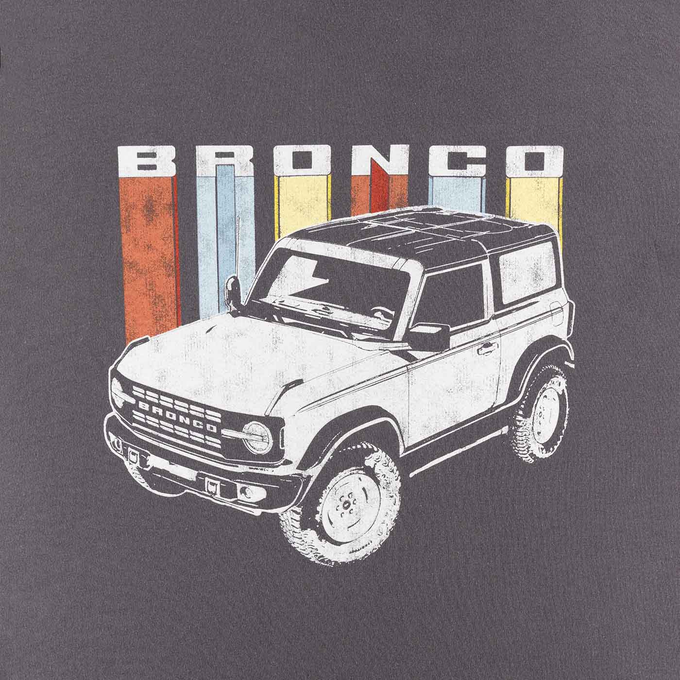 Bronco text with 3d red blue and yellow shadows with a white bronco on top of a gray background