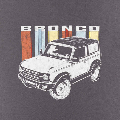 Bronco text with 3d red blue and yellow shadows with a white bronco on top of a gray background