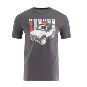 Men's gray Ford Bronco retro t-shirt featuring a graphic print of the Ford Bronco vehicle.
