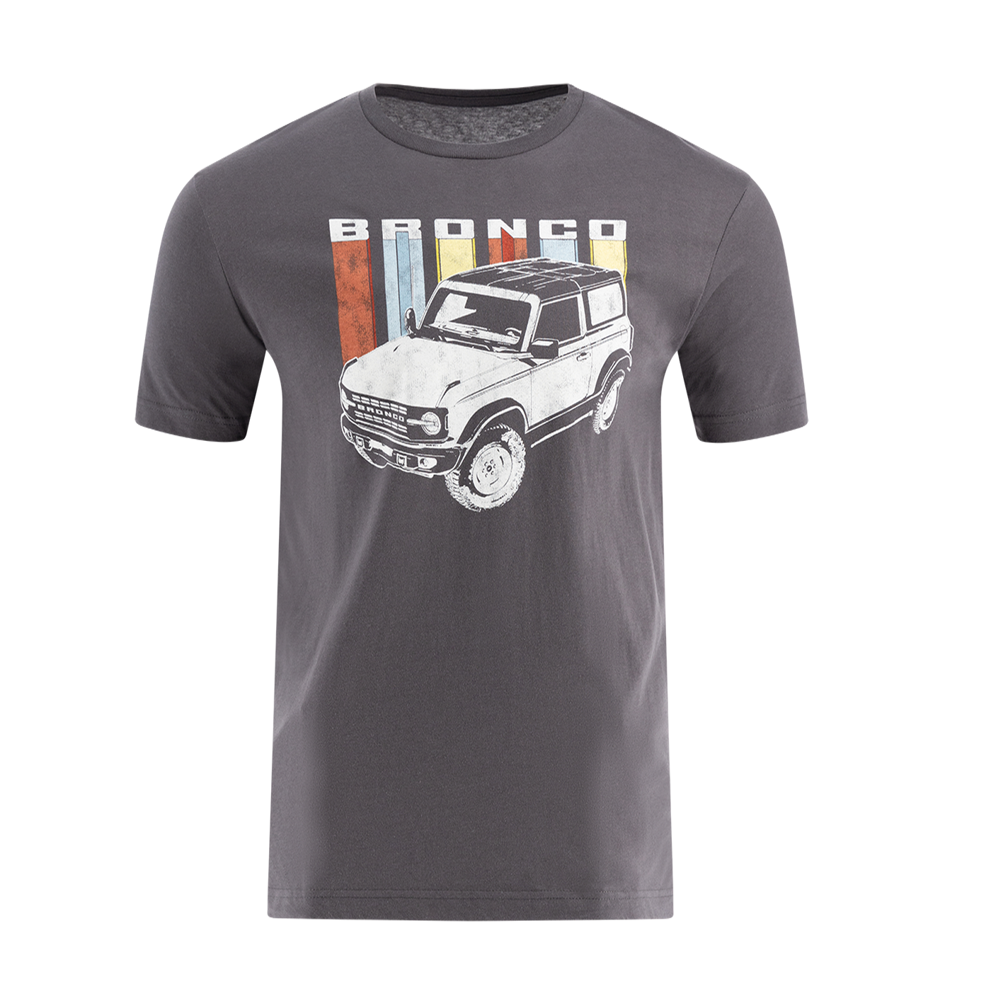 Men's gray Ford Bronco retro t-shirt featuring a graphic print of the Ford Bronco vehicle.