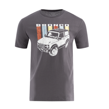 Men's gray Ford Bronco retro t-shirt featuring a graphic print of the Ford Bronco vehicle.