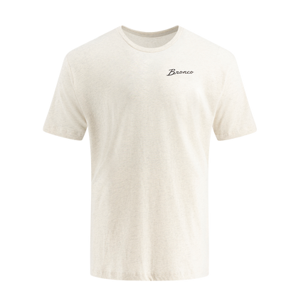 Beige t-shirt with a brand logo on a white background