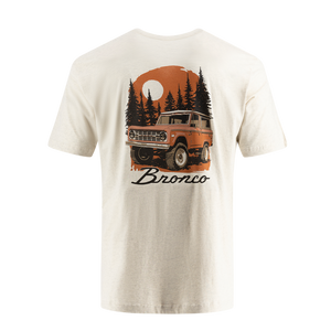 Beige t-shirt with a graphic of a vintage SUV and 'Bronco' text on a white background