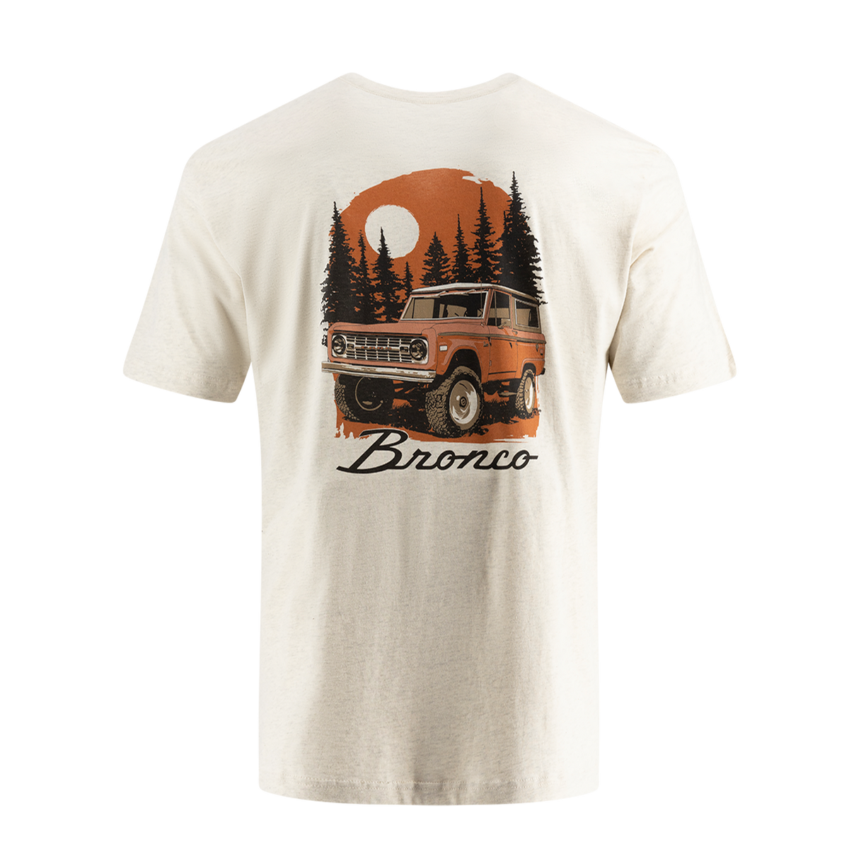 Beige t-shirt with a graphic of a vintage SUV and 'Bronco' text on a white background