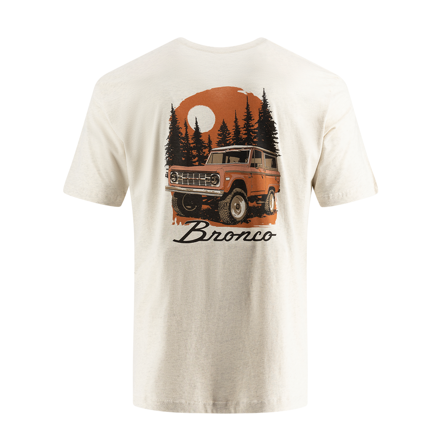 Beige t-shirt with a graphic of a vintage SUV and 'Bronco' text on a white background