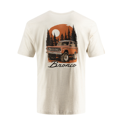 Beige t-shirt with a graphic of a vintage SUV and 'Bronco' text on a white background