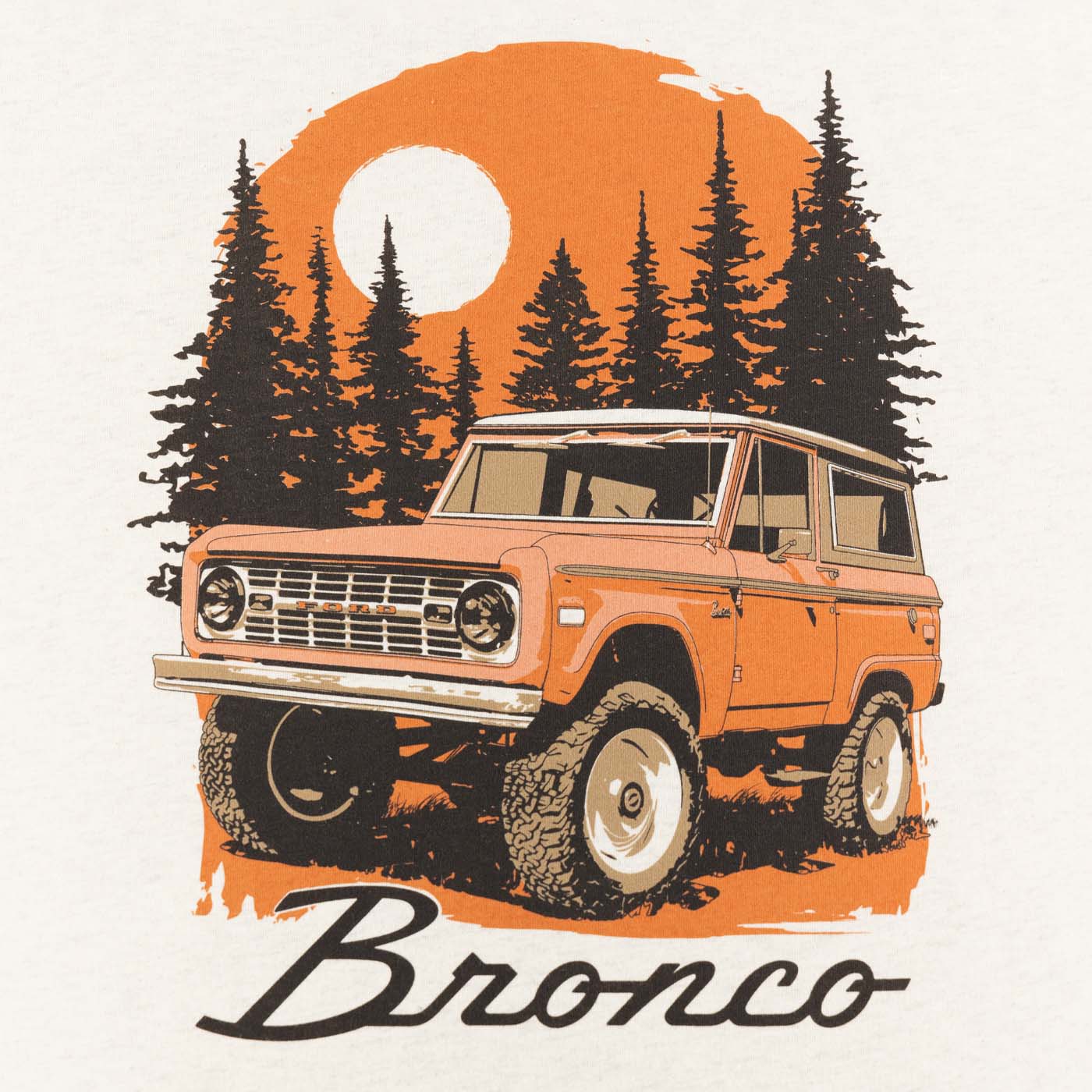 Illustration of a vintage Ford Bronco truck with a sunset and trees in the background.