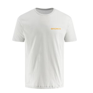White t-shirt with 'BRONCO' logo on a white background