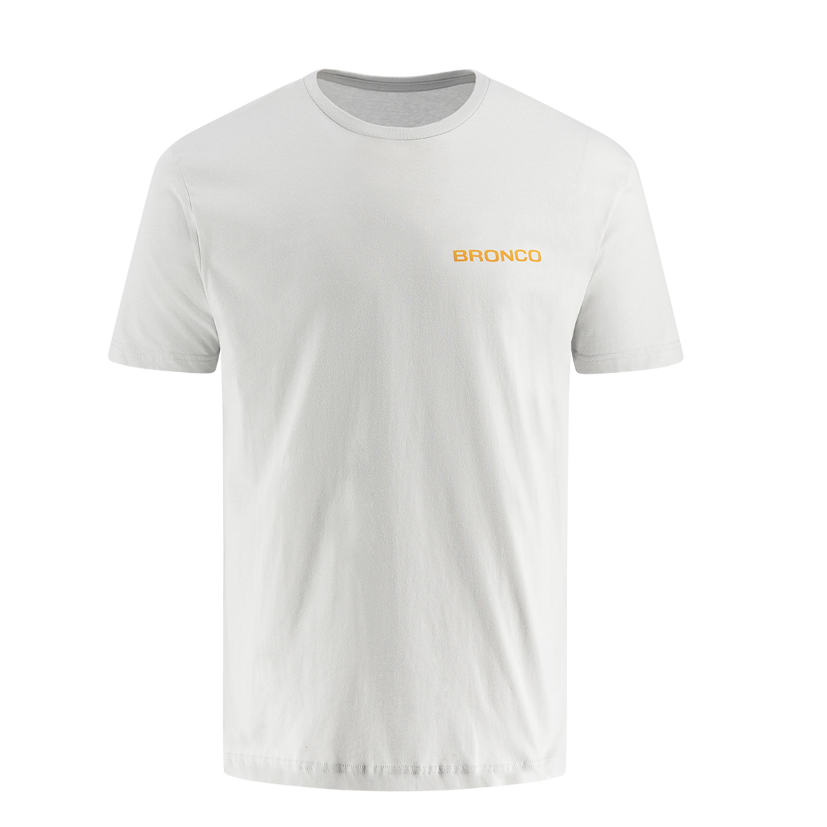 White t-shirt with 'BRONCO' logo on a white background