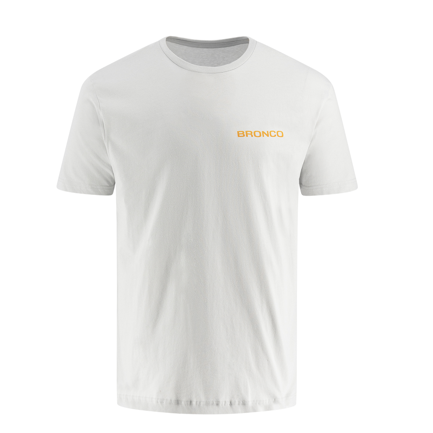 White t-shirt with 'BRONCO' logo on a white background