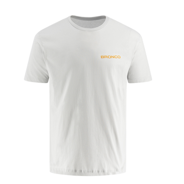 White t-shirt with 'BRONCO' logo on a white background