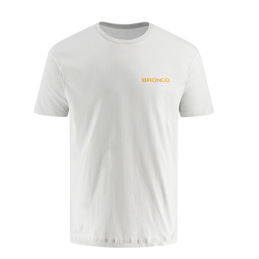 White t-shirt with 'BRONCO' logo on a white background