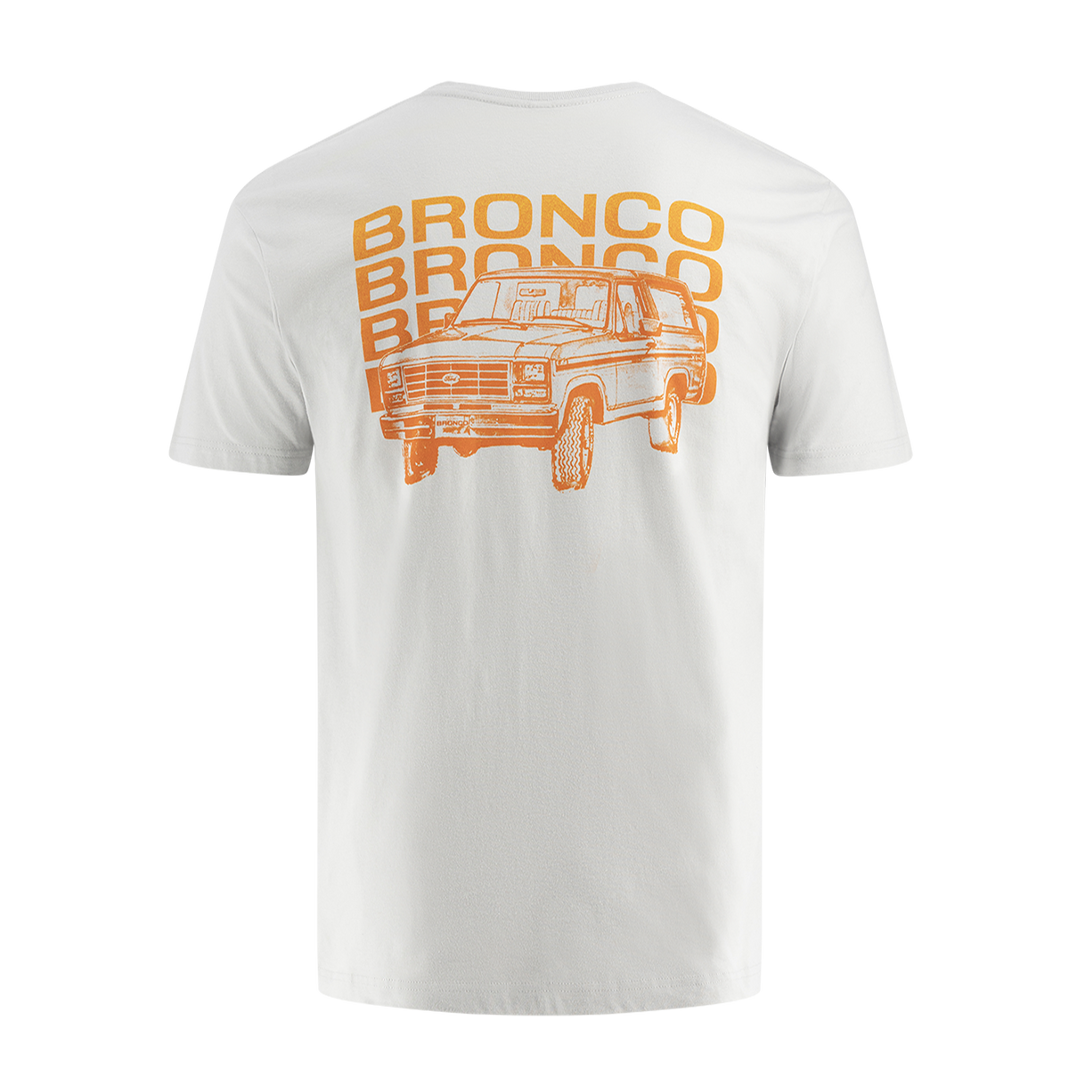 White t-shirt with orange 'Bronco' text and graphic on a white background