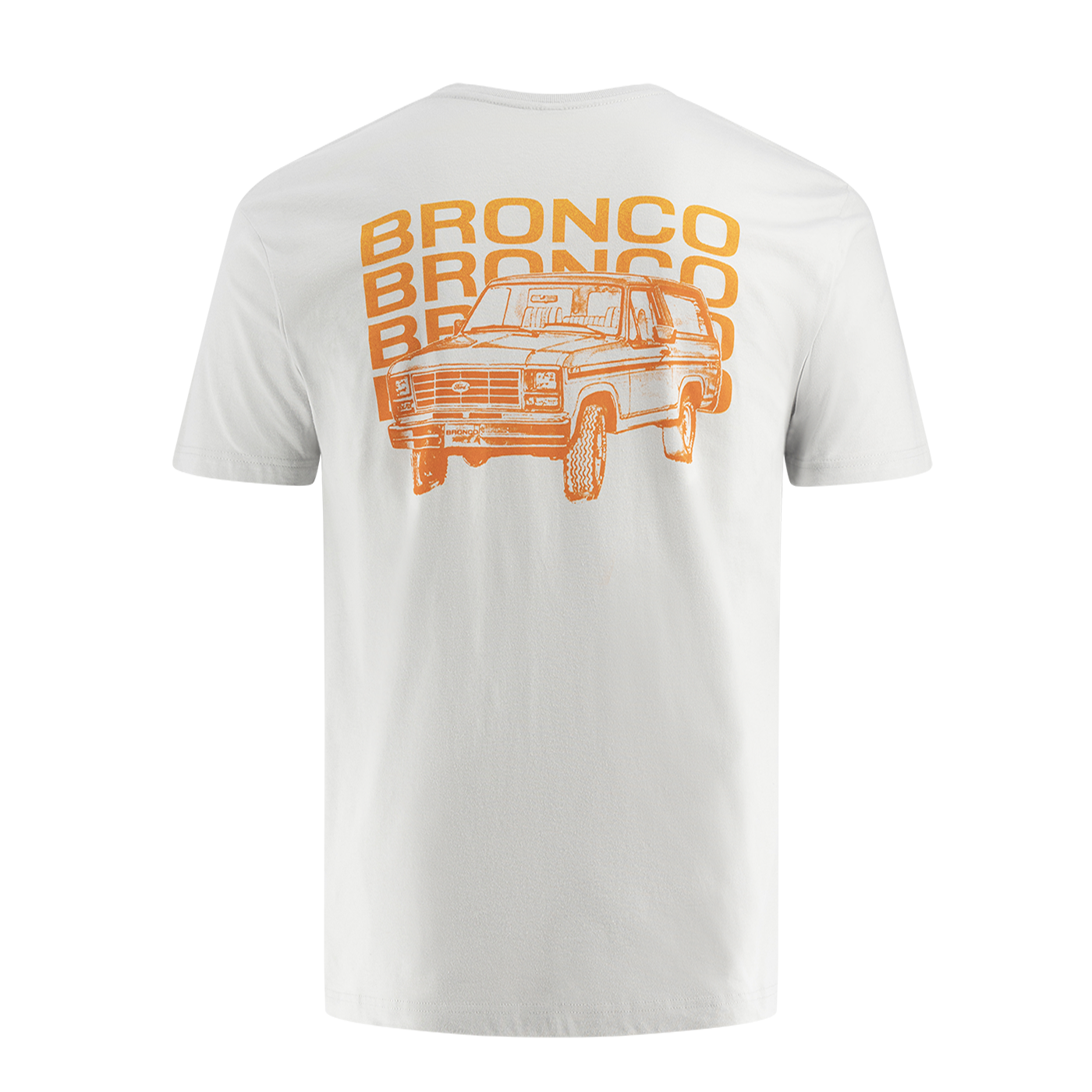 White t-shirt with orange 'Bronco' text and graphic on a white background