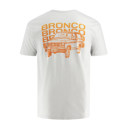 White t-shirt with orange 'Bronco' text and graphic on a white background