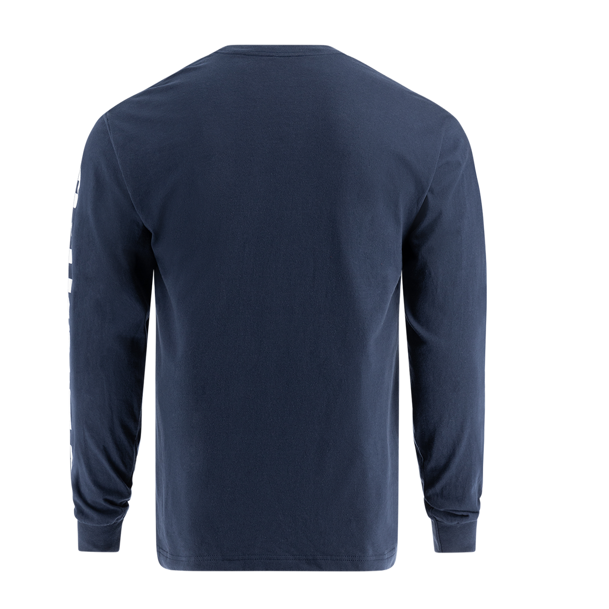 back of navy blue long sleeve shirt