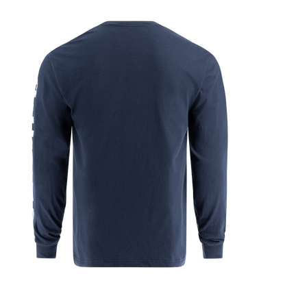back of navy blue long sleeve shirt