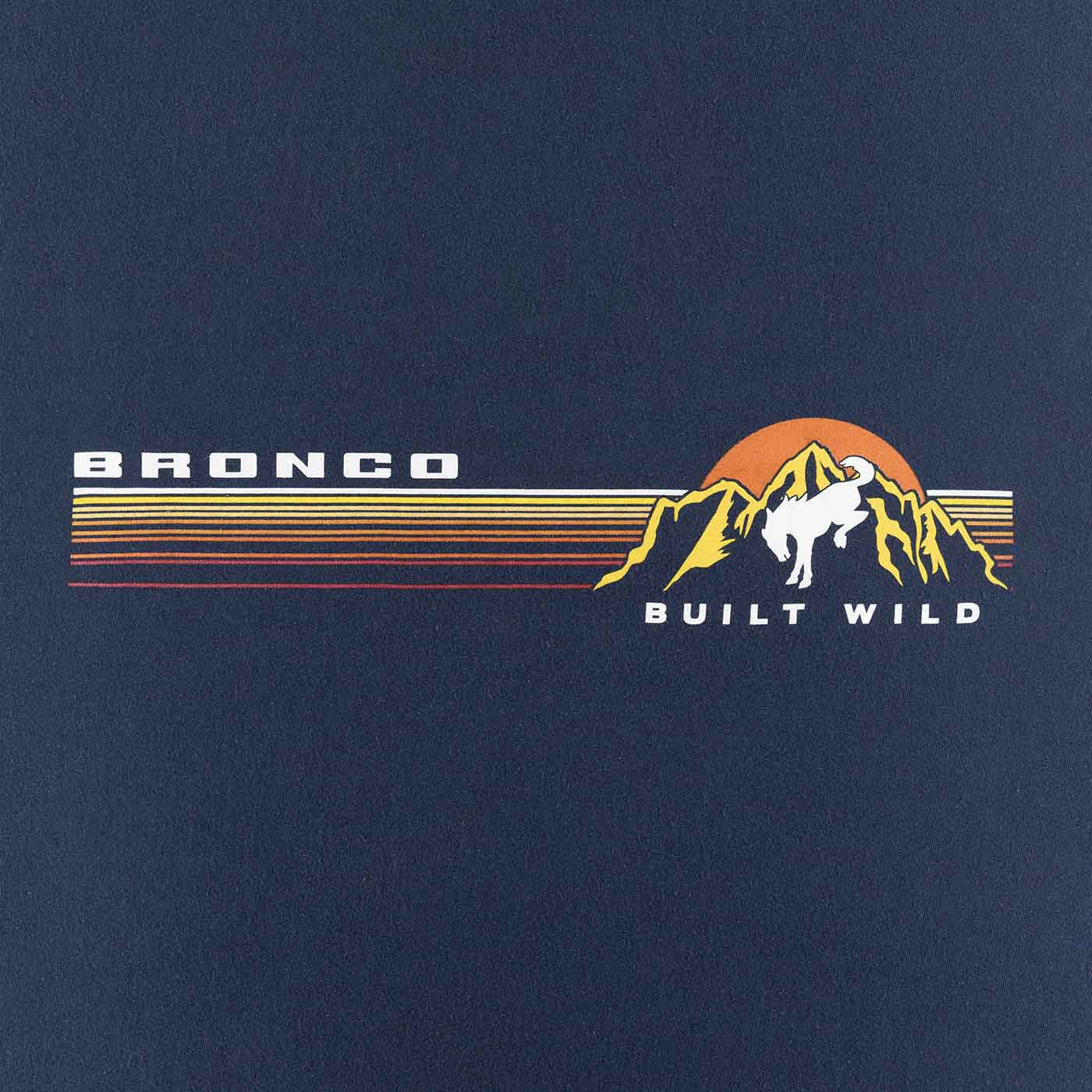 Bronco retro stripes built wild graphic t-shirt on navy blue background