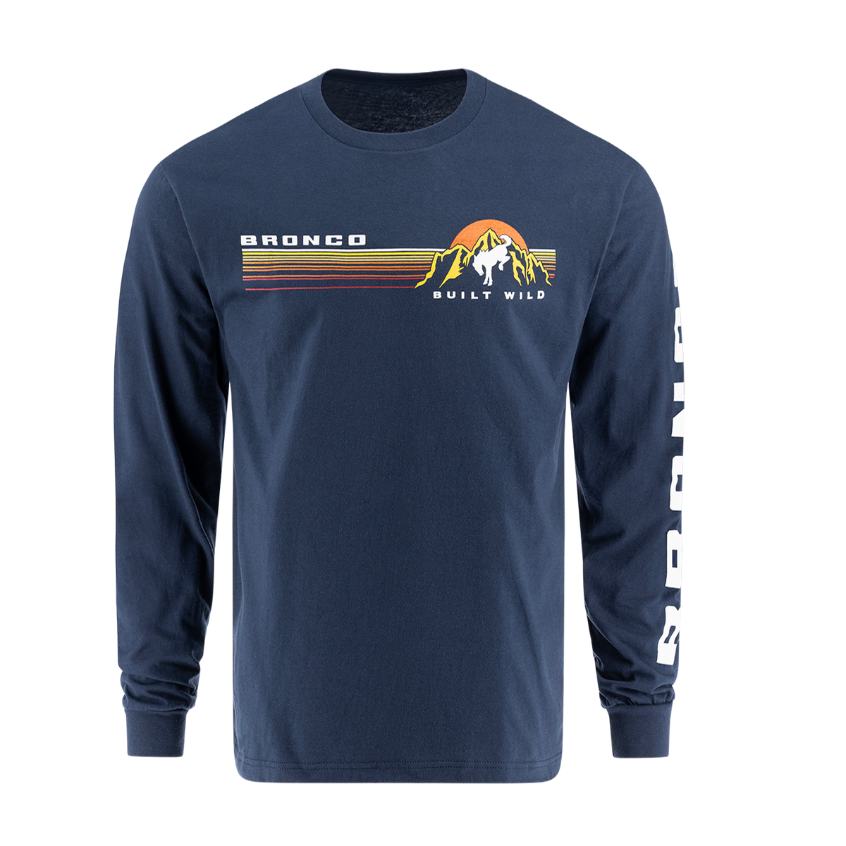 A navy blue long-sleeved men's T-shirt with 'BRONCO Built Wild' text and graphics on the front.