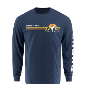 A navy blue long-sleeved men's T-shirt with 'BRONCO Built Wild' text and graphics on the front.