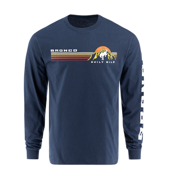 A navy blue long-sleeved men's T-shirt with 'BRONCO Built Wild' text and graphics on the front.