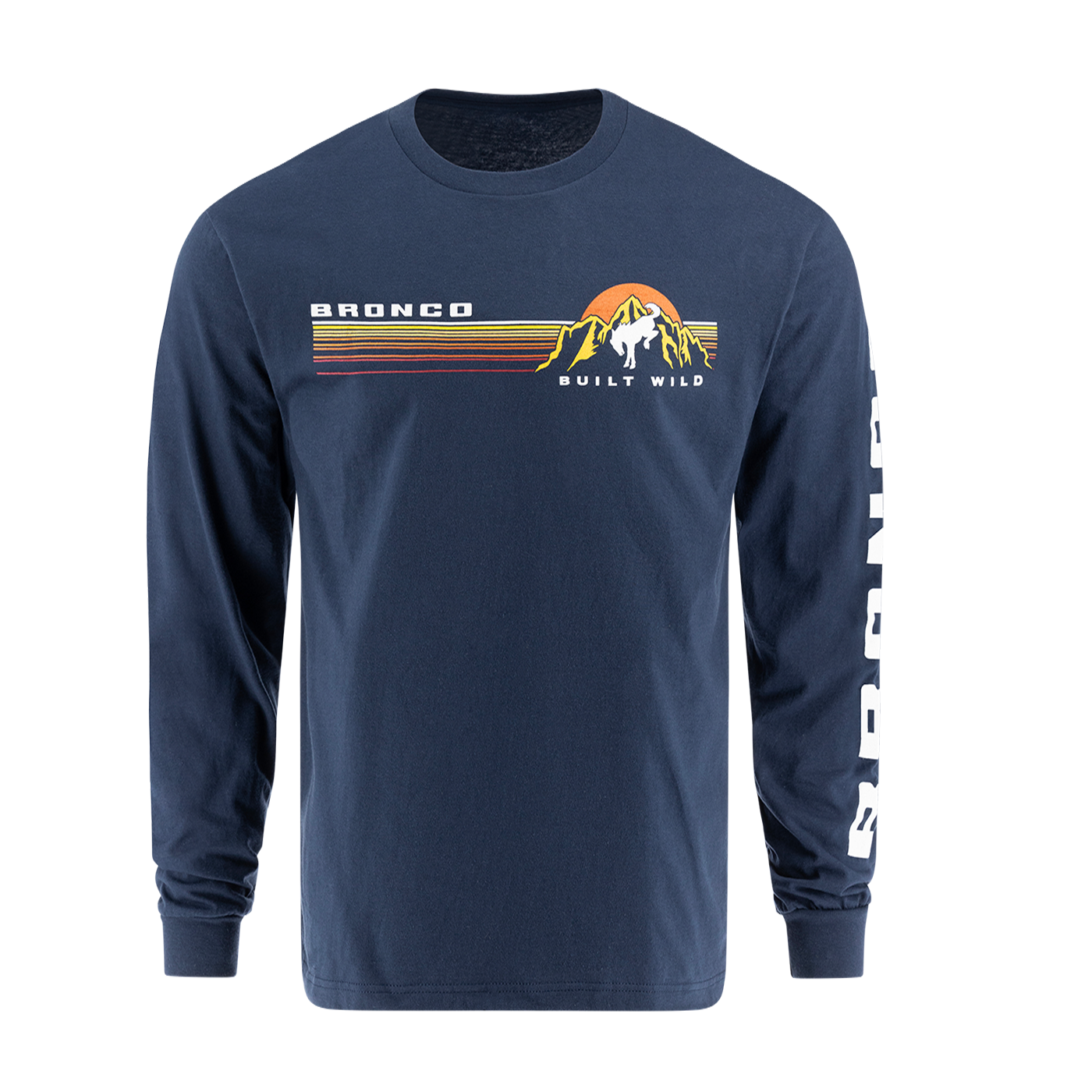 A navy blue long-sleeved men's T-shirt with 'BRONCO Built Wild' text and graphics on the front.